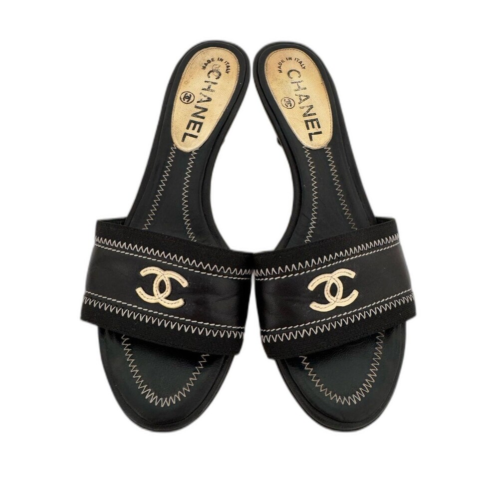 Chanel Vintage Black Leather CC Logo Open Toe Kitten Heels Mules Shoes EU 36.5